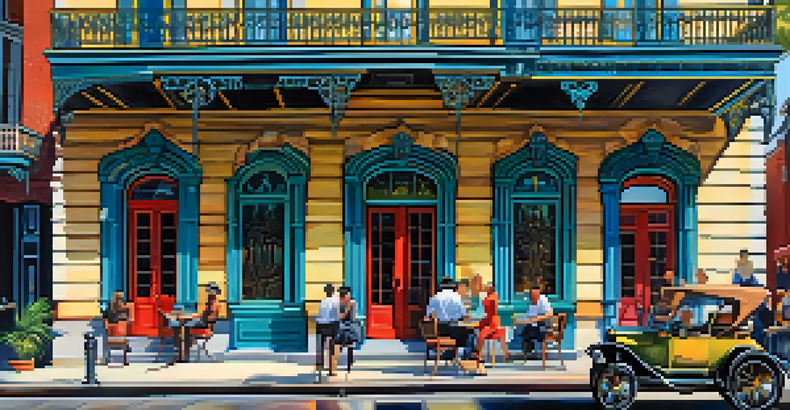 A vibrant street in New Orleans featuring a Victorian mansion with modern design elements and outdoor cafes filled with people.