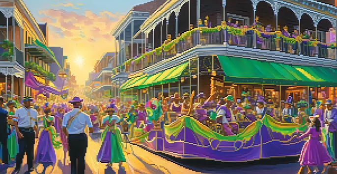 A lively Mardi Gras parade in New Orleans with colorful floats and participants in elaborate costumes and masks, set against a festive crowd.