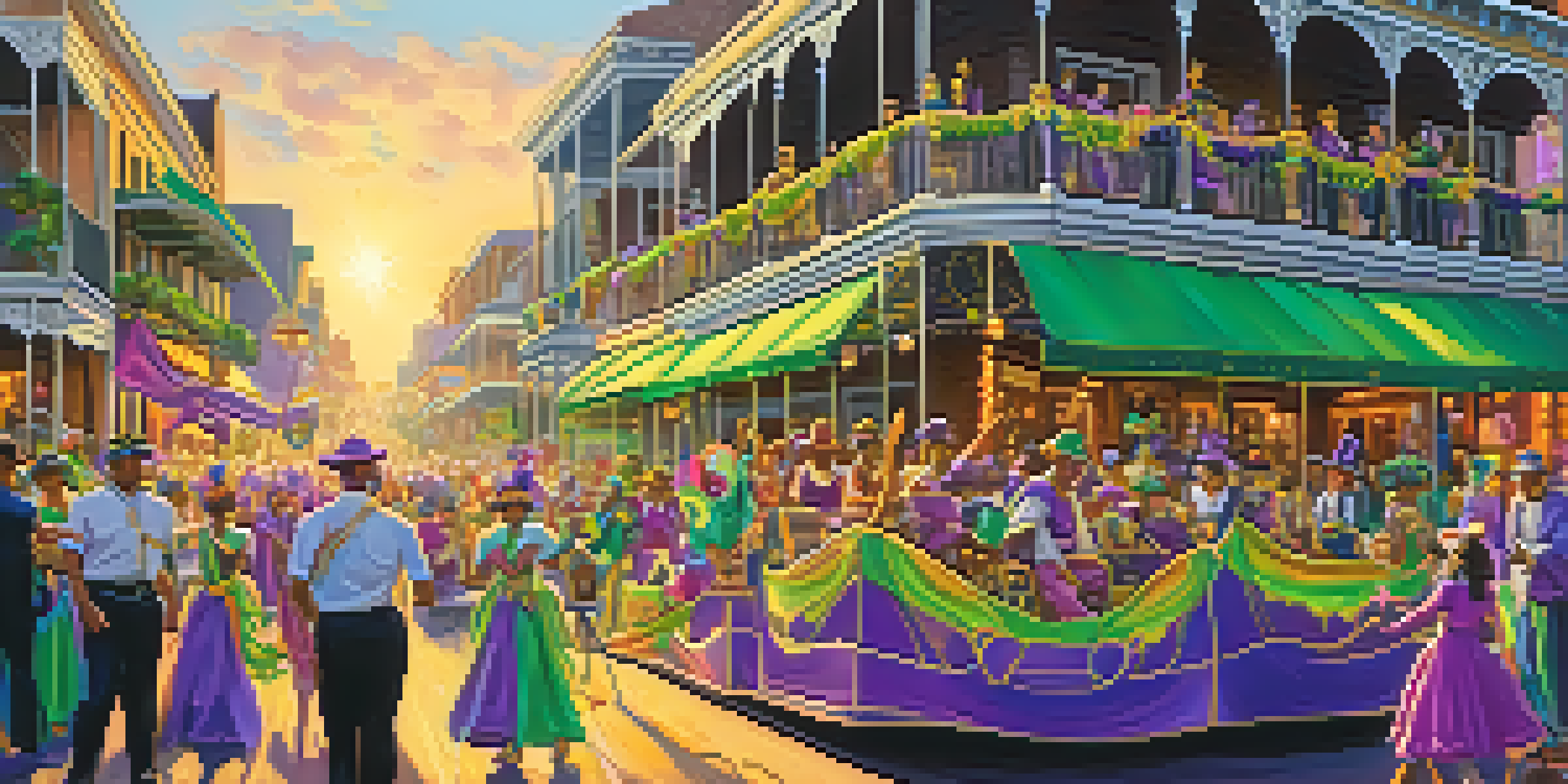 A lively Mardi Gras parade in New Orleans with colorful floats and participants in elaborate costumes and masks, set against a festive crowd.