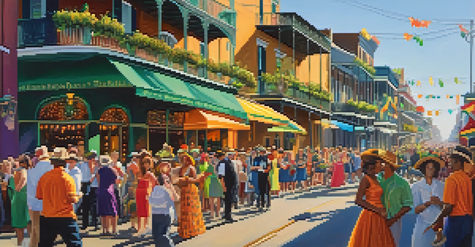 A lively street scene in the French Quarter of New Orleans during Mardi Gras, with colorful floats and people in elaborate costumes.