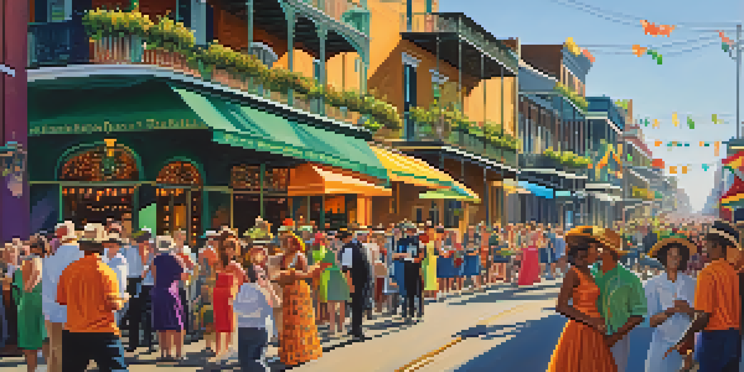 A lively street scene in the French Quarter of New Orleans during Mardi Gras, with colorful floats and people in elaborate costumes.