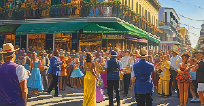 A bustling Mardi Gras street scene in New Orleans with colorful floats and musicians playing jazz instruments amidst a lively crowd in festive costumes.
