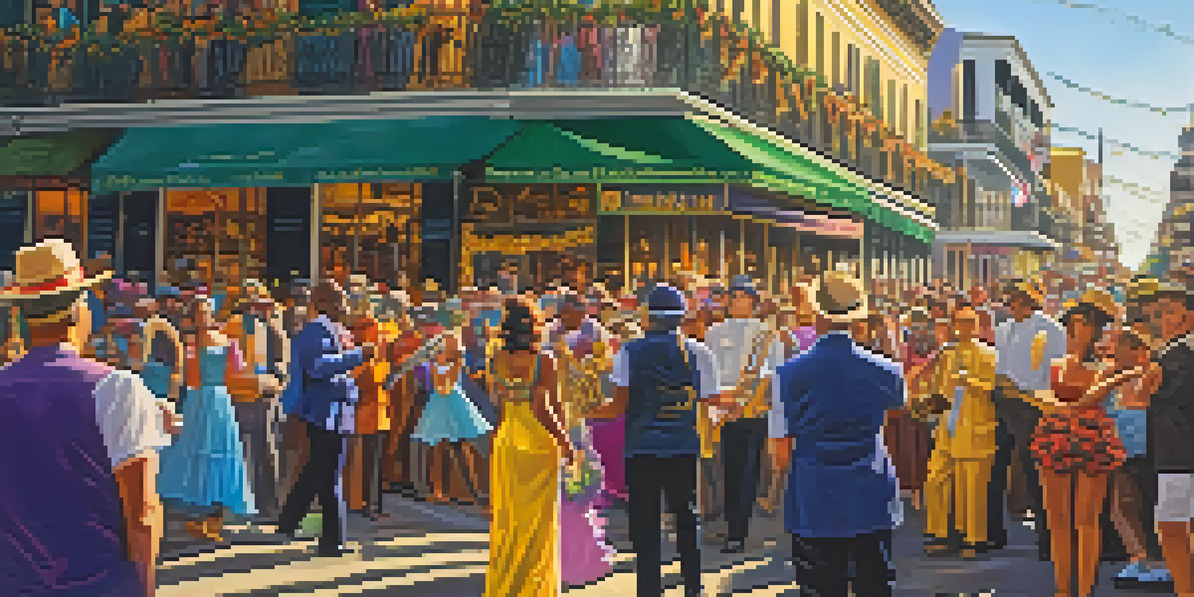 A bustling Mardi Gras street scene in New Orleans with colorful floats and musicians playing jazz instruments amidst a lively crowd in festive costumes.