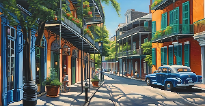 A lively street in the French Quarter of New Orleans with colorful historic buildings, wrought-iron balconies, and people enjoying the atmosphere while musicians play jazz.