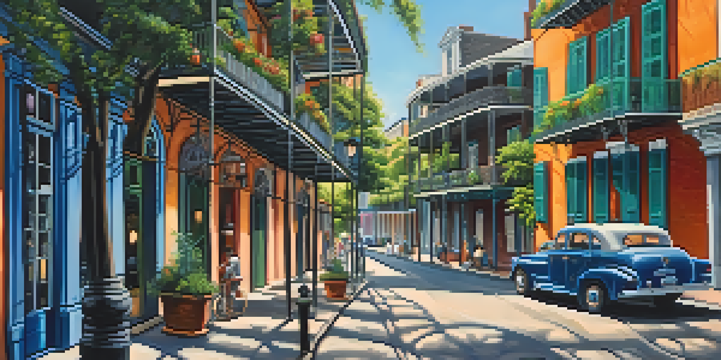 A lively street in the French Quarter of New Orleans with colorful historic buildings, wrought-iron balconies, and people enjoying the atmosphere while musicians play jazz.