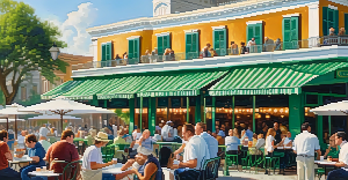 Customers enjoying beignets and coffee at Café du Monde with Jackson Square in the background.