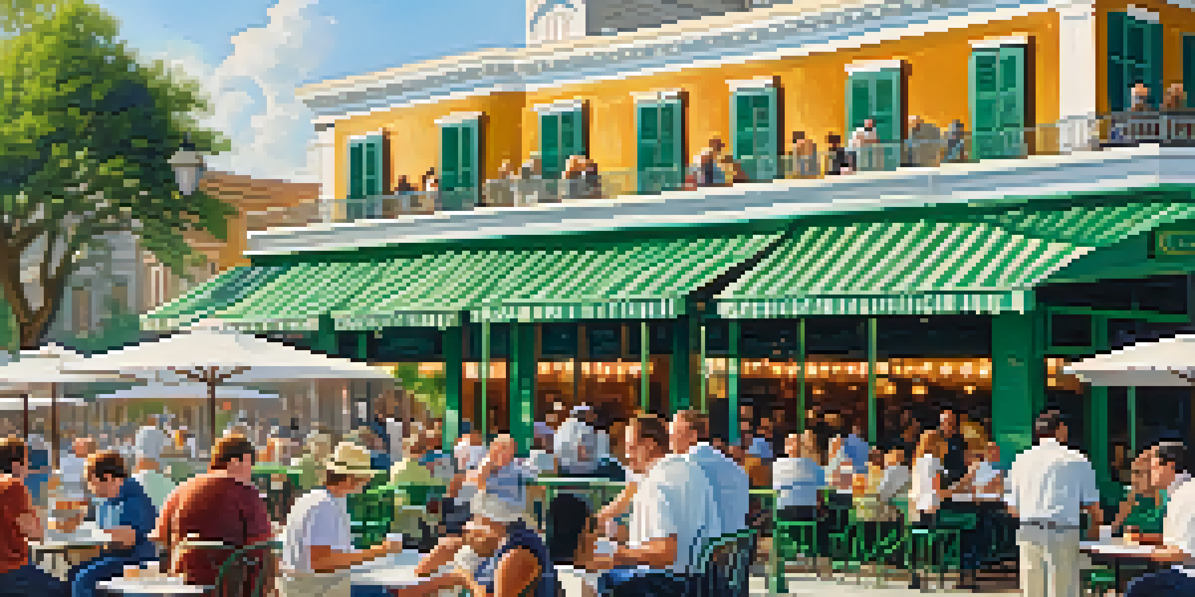 Customers enjoying beignets and coffee at Café du Monde with Jackson Square in the background.