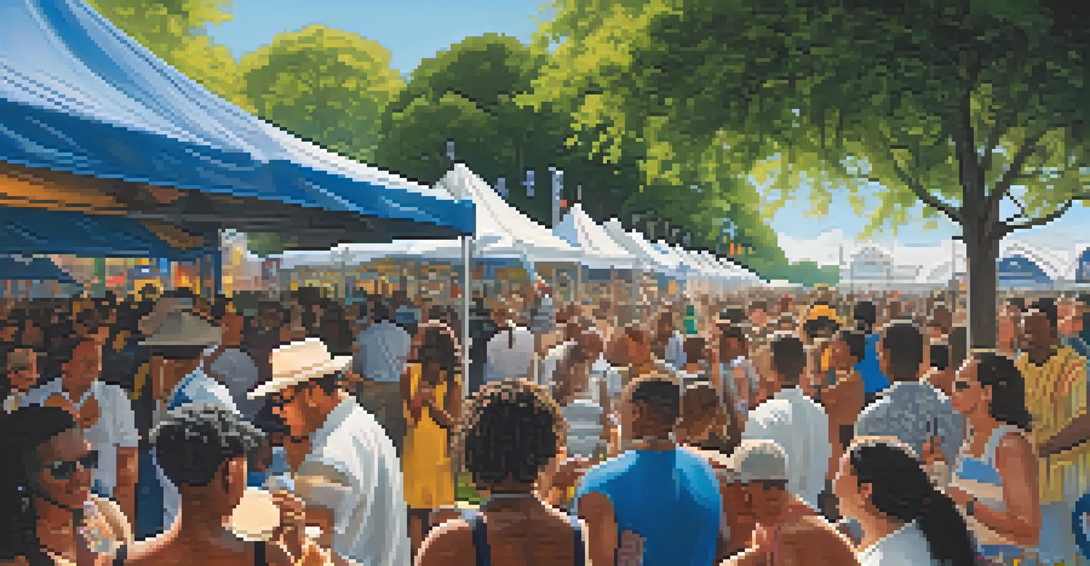 A bustling Jazz Fest scene in New Orleans with a crowd enjoying live music, local art stalls, and Southern food under a blue sky with fluffy clouds.