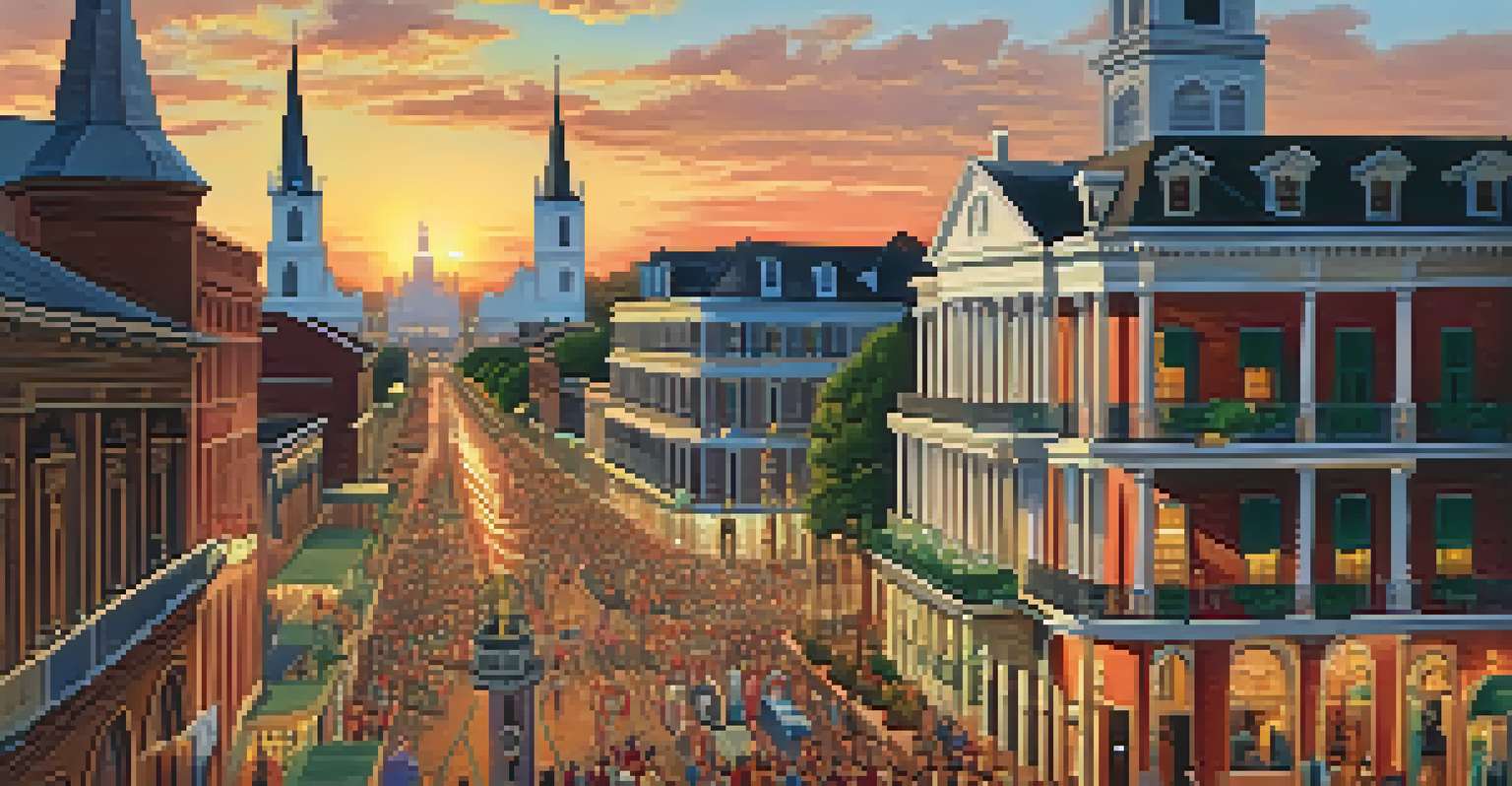 An illustration of the St. Louis Cathedral in New Orleans, showcasing Spanish colonial architecture and lively street scenes with musicians under a sunset sky.