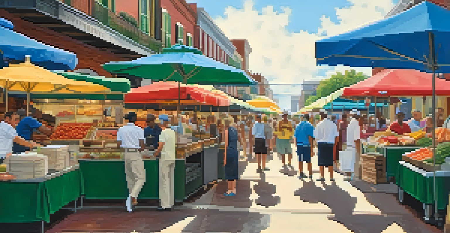 A lively New Orleans street market with food stalls, including beignets and iced tea, filled with people enjoying the atmosphere.