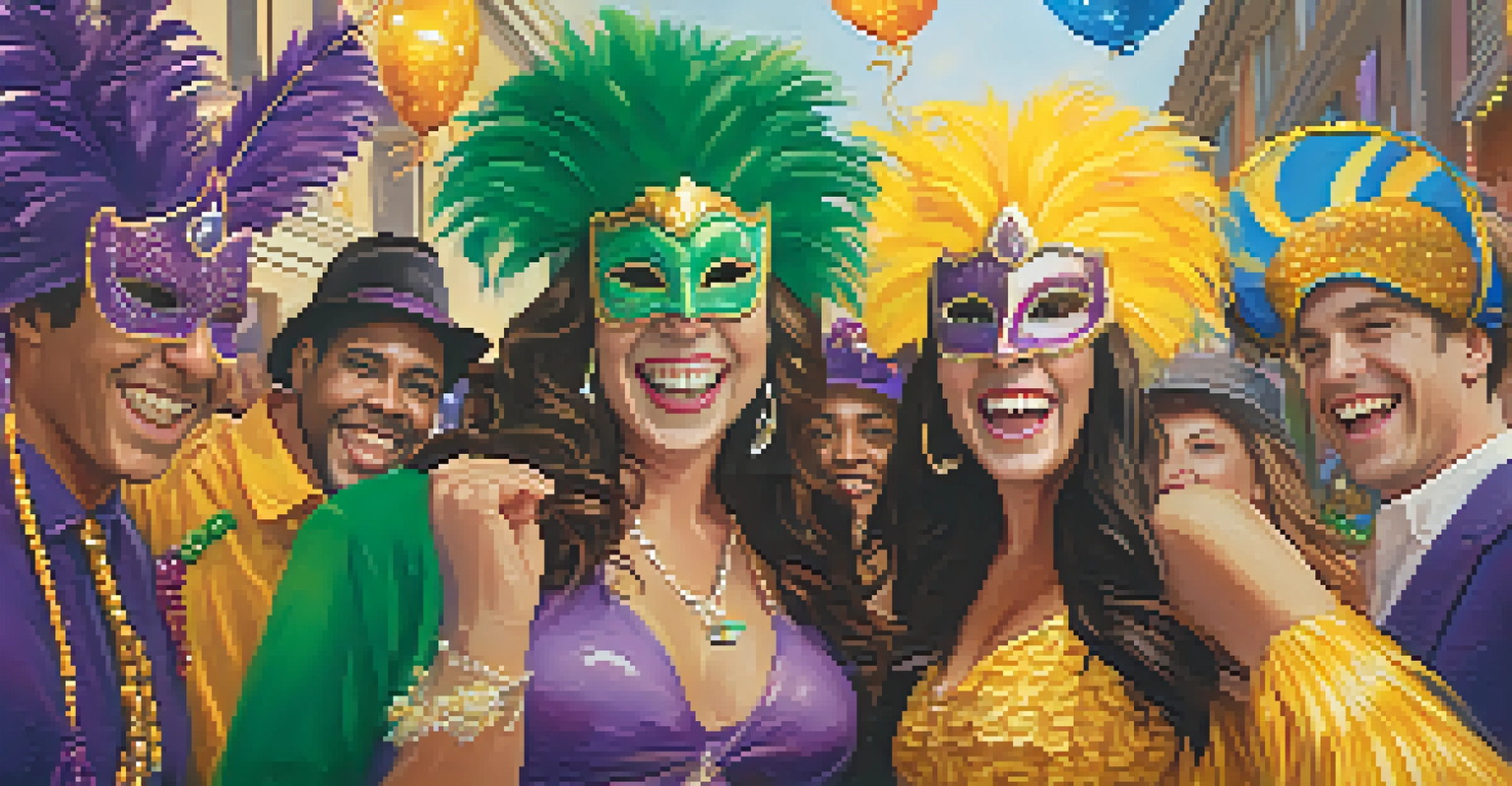 A close-up of friends wearing masks and colorful outfits, laughing and enjoying Mardi Gras together.