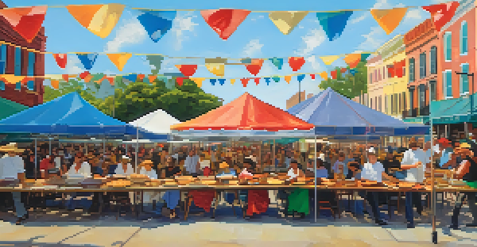 A lively outdoor festival in New Orleans with people enjoying Cajun food like gumbo and jambalaya at a long wooden table decorated with colorful banners.