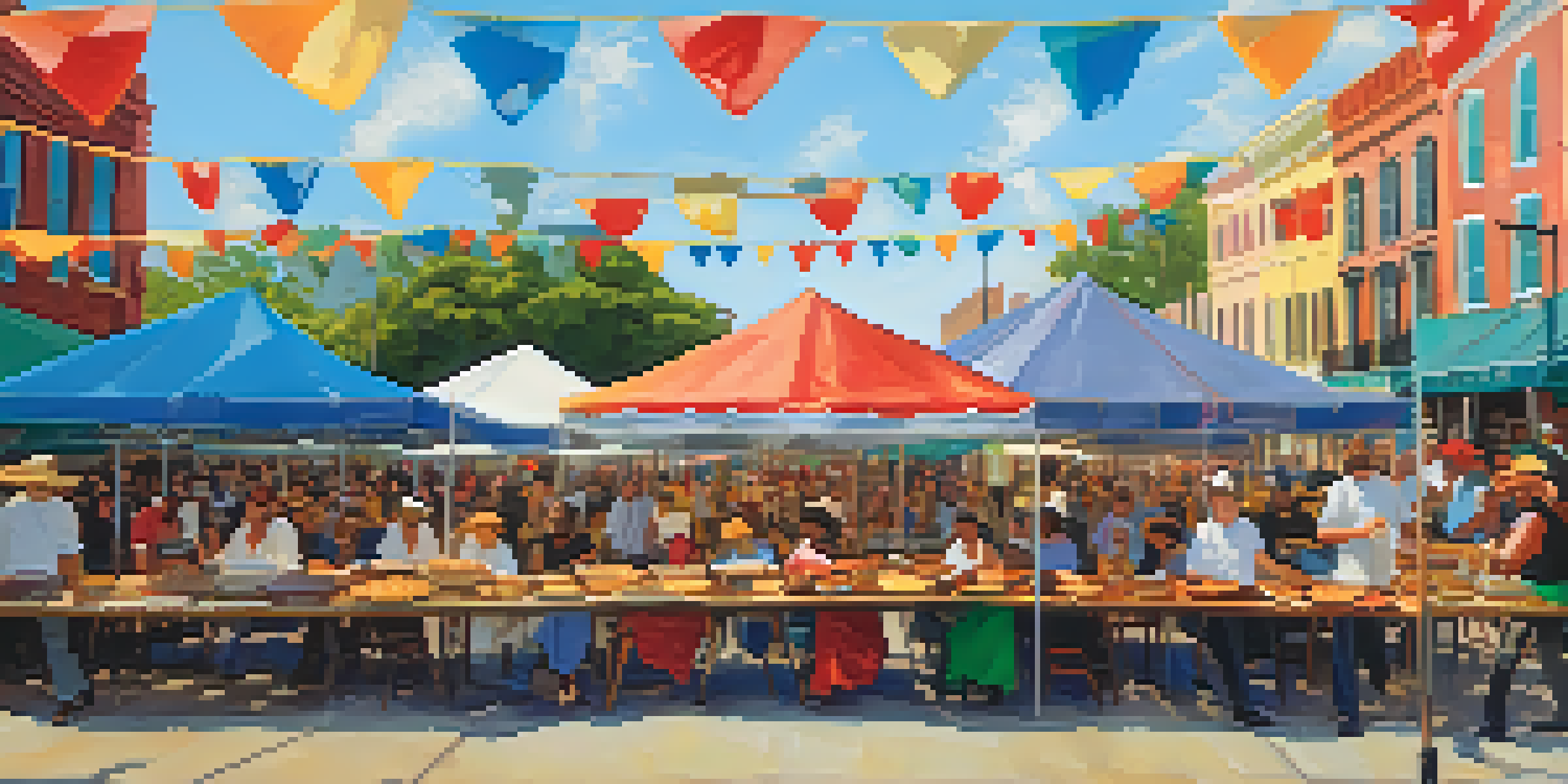 A lively outdoor festival in New Orleans with people enjoying Cajun food like gumbo and jambalaya at a long wooden table decorated with colorful banners.