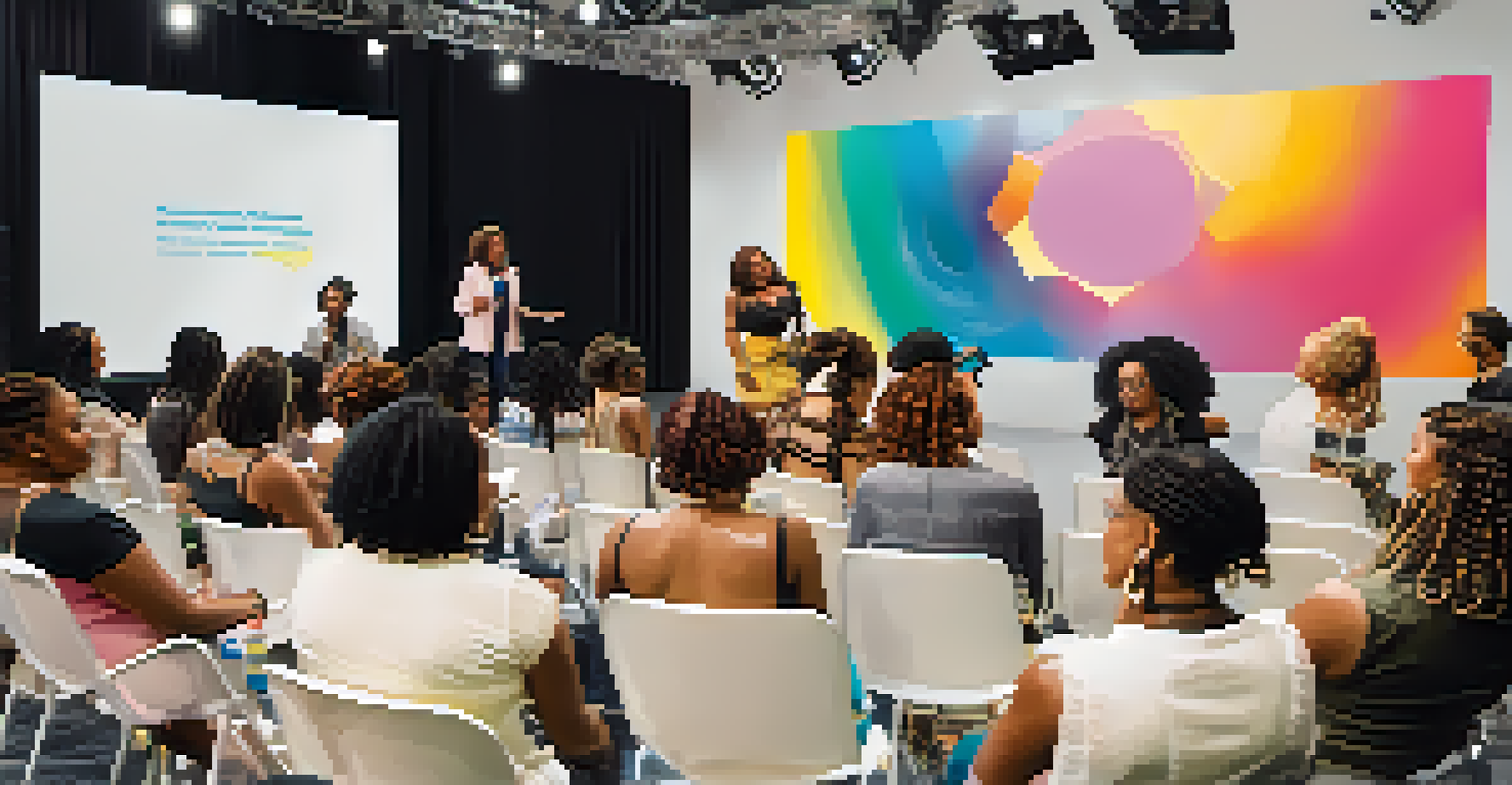 Attendees participating in an empowering workshop session at the Essence Festival, with a speaker and inspiring visuals in the background.