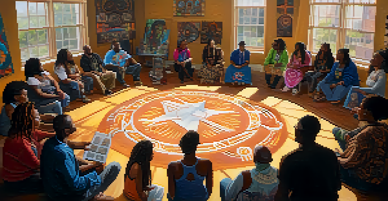 A diverse group of Voodoo practitioners gathered in a community center for a workshop, surrounded by vibrant artwork.