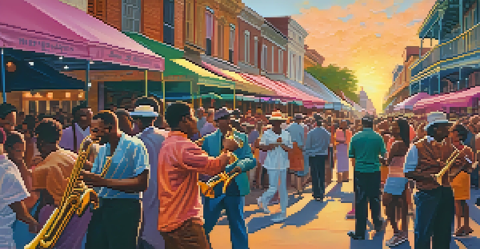 A lively street scene in New Orleans with musicians playing brass instruments and diverse crowds enjoying a jazz festival under colorful tents.