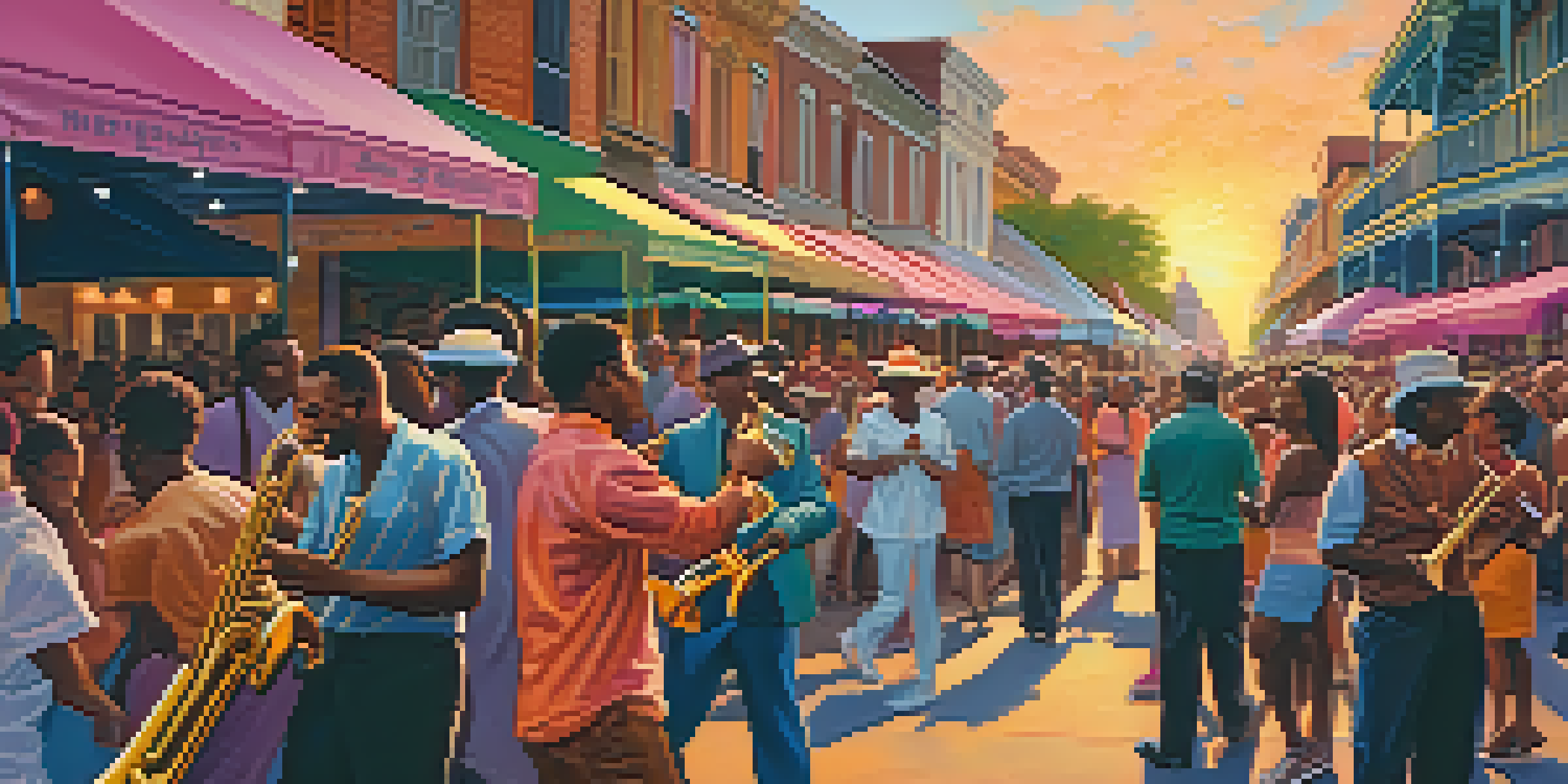 A lively street scene in New Orleans with musicians playing brass instruments and diverse crowds enjoying a jazz festival under colorful tents.
