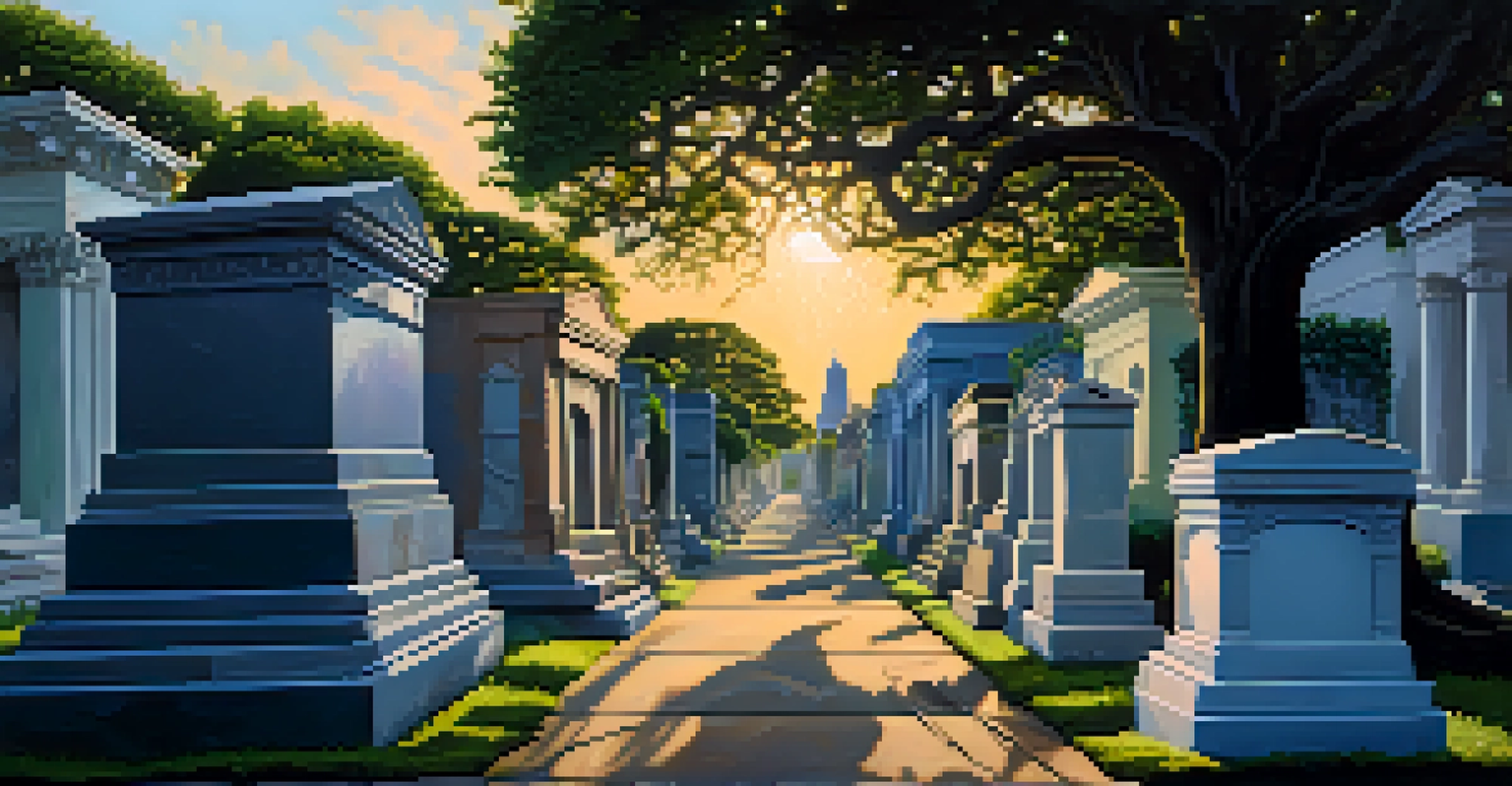 A tranquil cemetery scene with above-ground tombs surrounded by trees and sunlight.