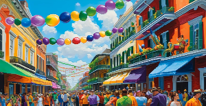 A lively street in New Orleans filled with colorful Mardi Gras floats and people in festive costumes, surrounded by historic buildings under a clear blue sky.