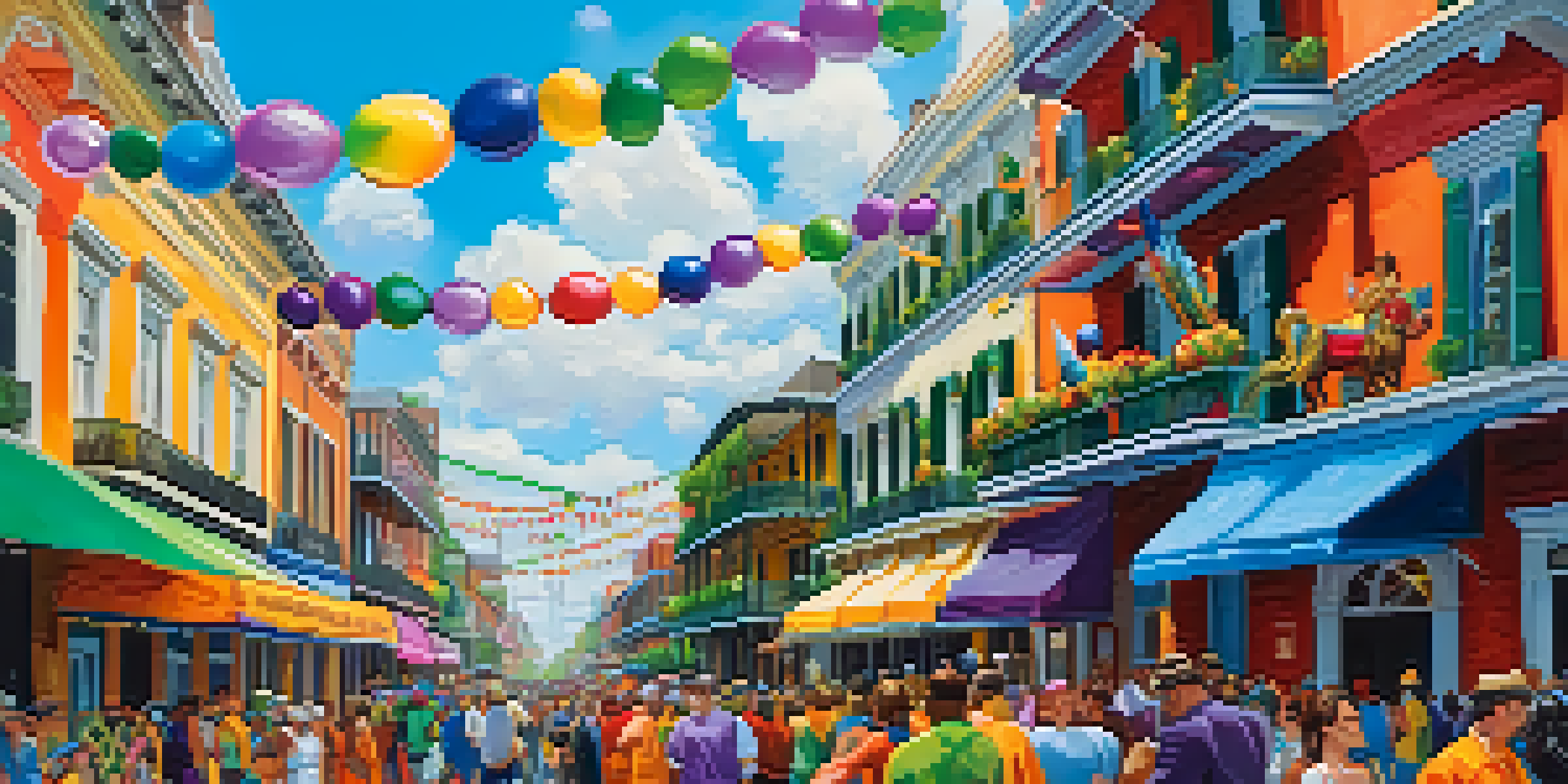 A lively street in New Orleans filled with colorful Mardi Gras floats and people in festive costumes, surrounded by historic buildings under a clear blue sky.