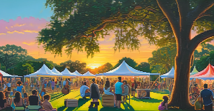 A lively festival scene with diverse attendees enjoying music and art in City Park, New Orleans, under oak trees at sunset.