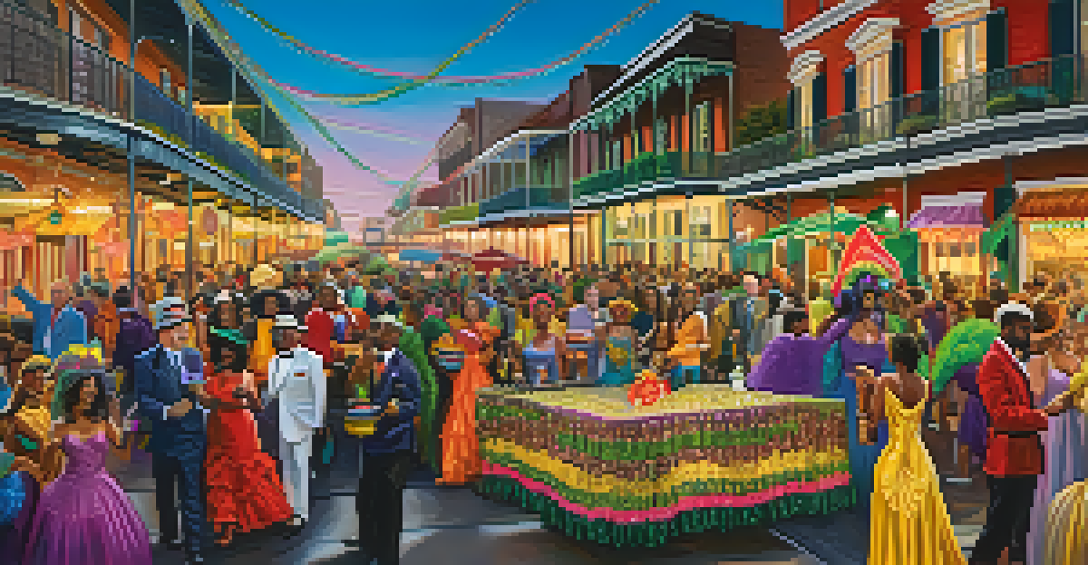 A lively Mardi Gras celebration in New Orleans, showcasing colorful costumes, festive floats, and diverse groups enjoying the celebration.