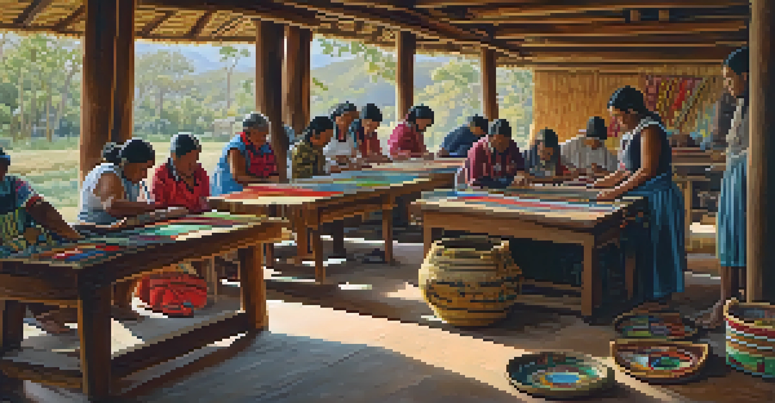 Indigenous artists engaged in a traditional beadwork and basket weaving workshop, illuminated by natural light with colorful materials on wooden tables.
