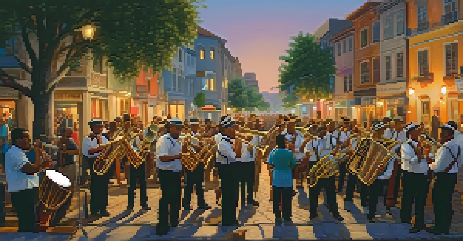 Local musicians playing traditional instruments in a street corner during Mardi Gras, with a diverse crowd dancing and enjoying the music under a warm sunset glow.