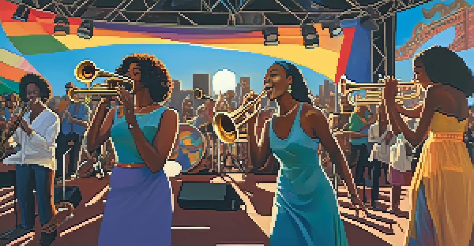 Women musicians performing at a lively jazz festival under a sunset.