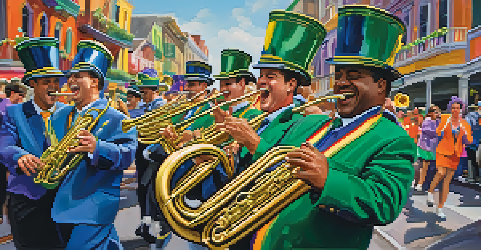 A close-up of a brass band performing during Mardi Gras, showcasing musicians playing instruments with joyful expressions.