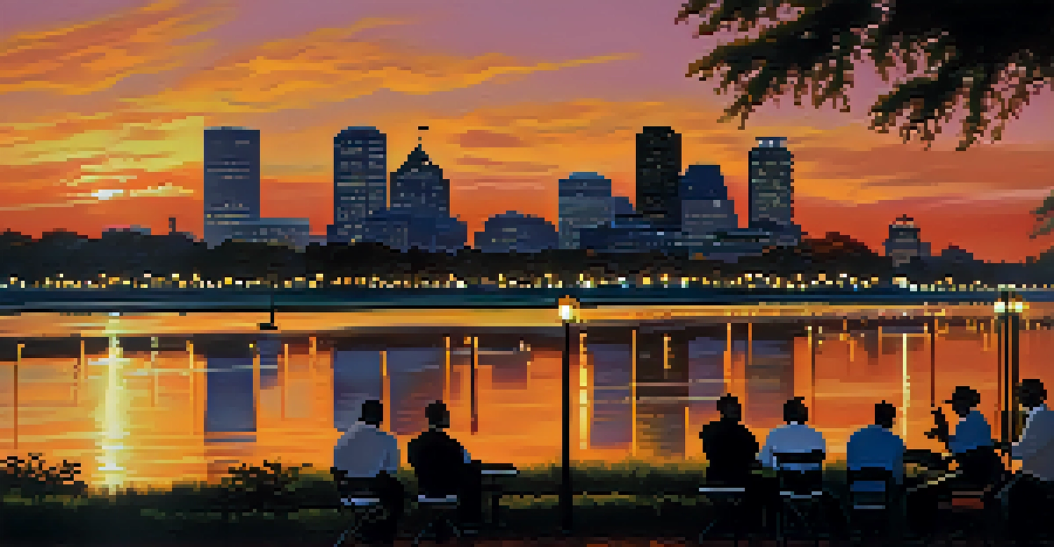 A sunset view of the New Orleans skyline with jazz musicians silhouetted on the riverbank, reflecting the vibrant culture of the city.