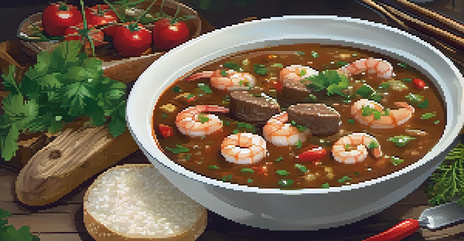 A close-up of a bowl of gumbo with shrimp and sausage, served with rice and bread on a wooden table.