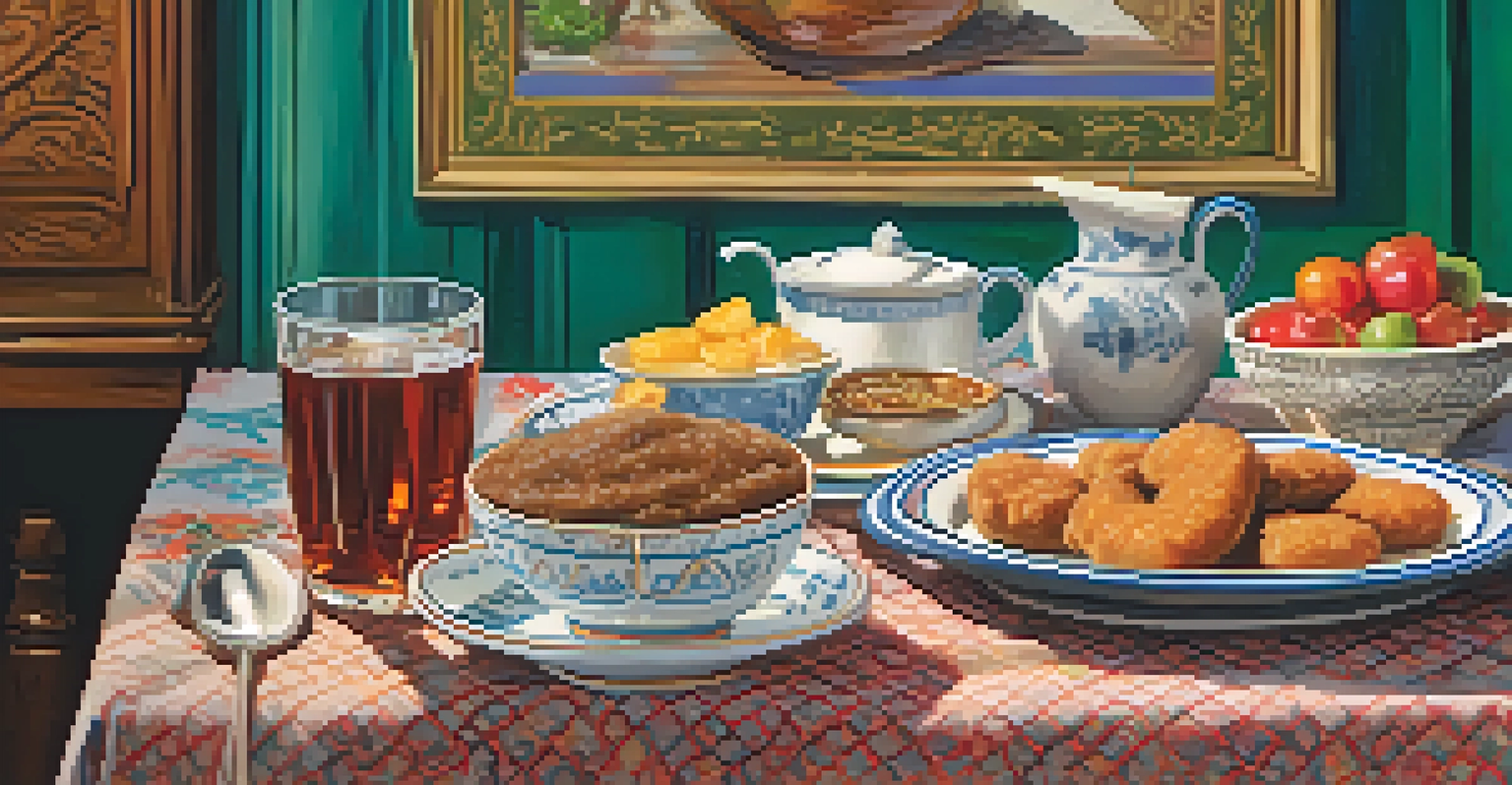 A beautifully arranged table with a bowl of gumbo, beignets, and sweet tea, set in a rustic kitchen reflecting New Orleans' cultural heritage.