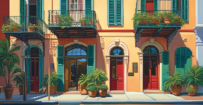 A scenic view of a New Orleans street adorned with Spanish Colonial Revival homes, showcasing stucco walls, red roofs, and ornate balconies under warm sunlight.
