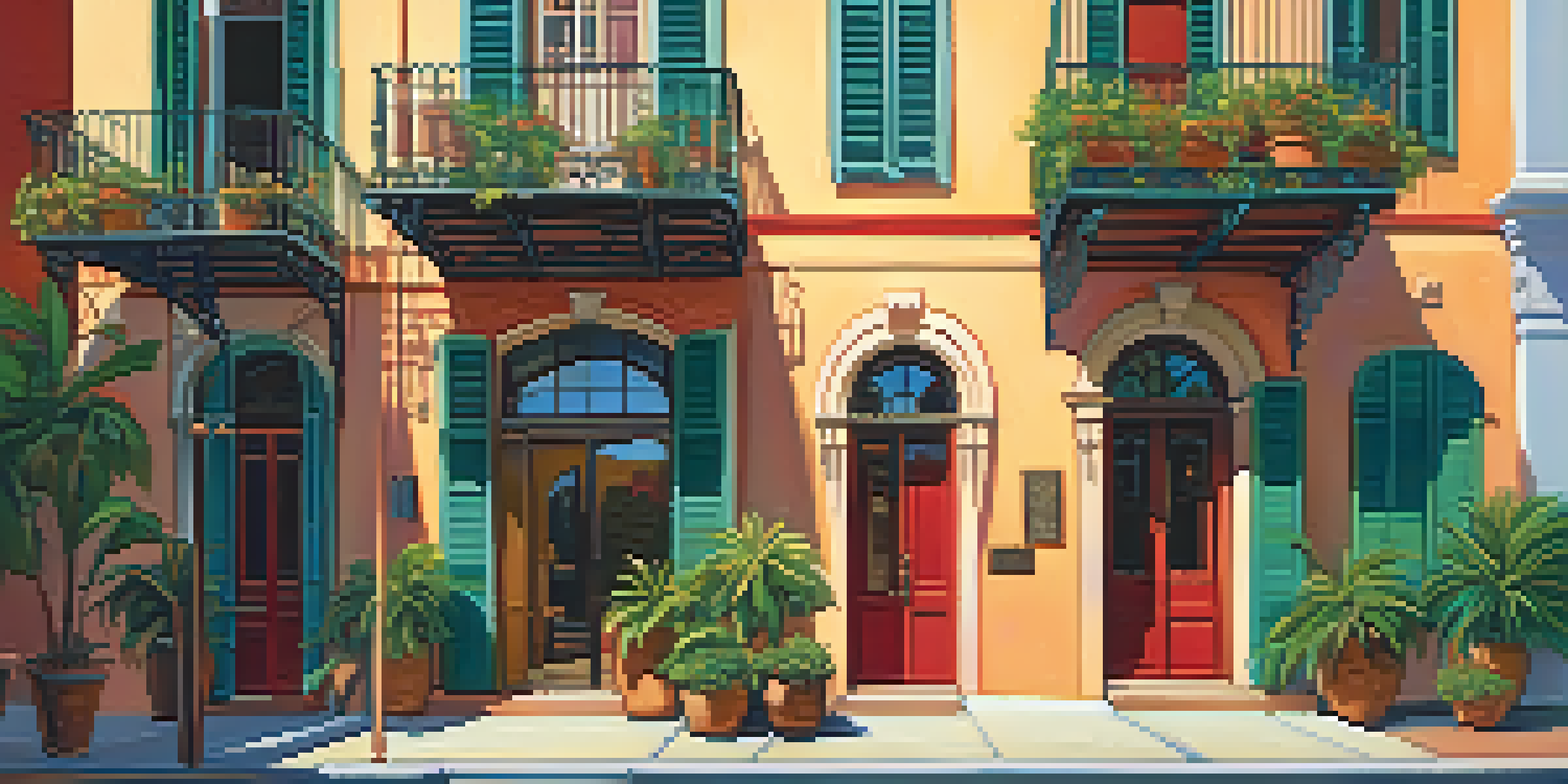 A scenic view of a New Orleans street adorned with Spanish Colonial Revival homes, showcasing stucco walls, red roofs, and ornate balconies under warm sunlight.