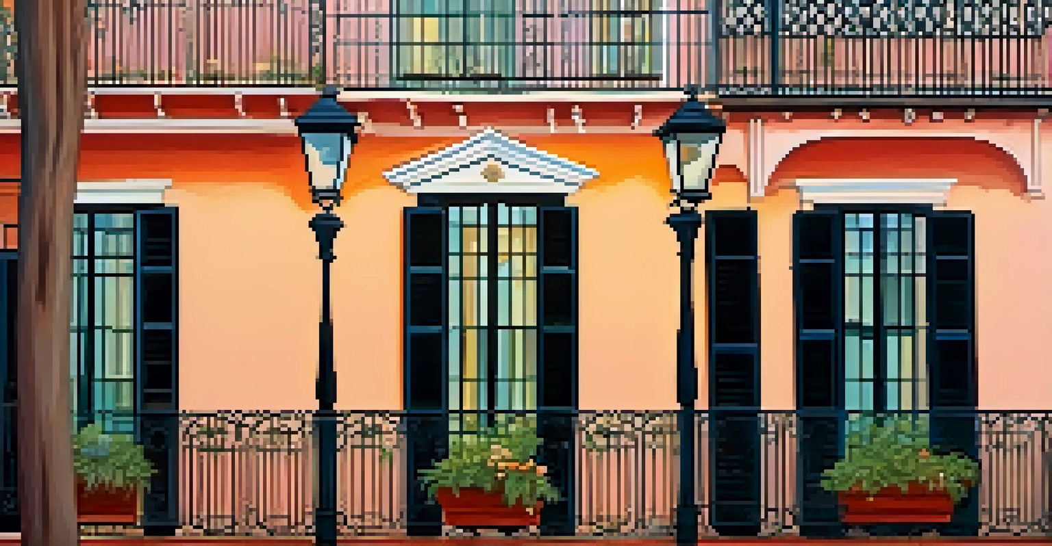 A street view of a Spanish-influenced building in the French Quarter with wrought iron balconies and a pastel-colored stucco facade, illuminated by sunset.