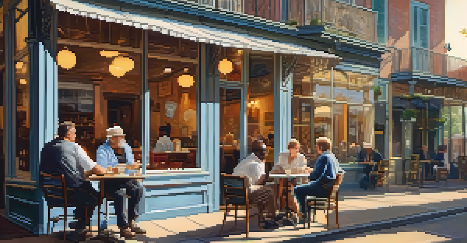 A cozy café in New Orleans with patrons enjoying beignets and café au lait, illuminated by soft morning light.
