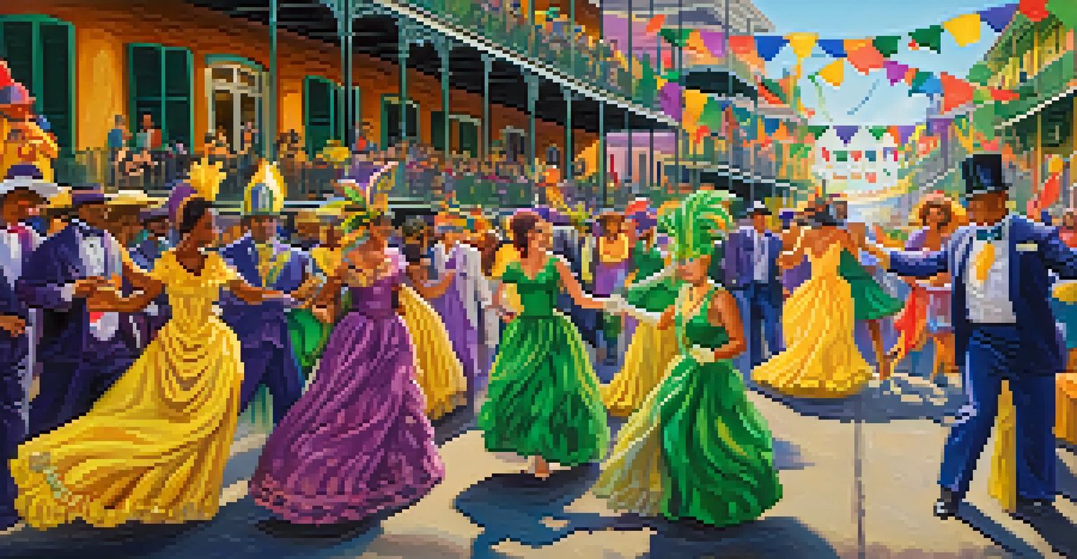 A lively Mardi Gras celebration in New Orleans with colorful costumes, masks, and historic buildings in the background.