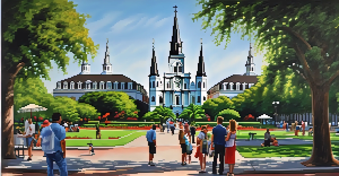 A scenic view of St. Louis Cathedral with visitors and artists in Jackson Square.