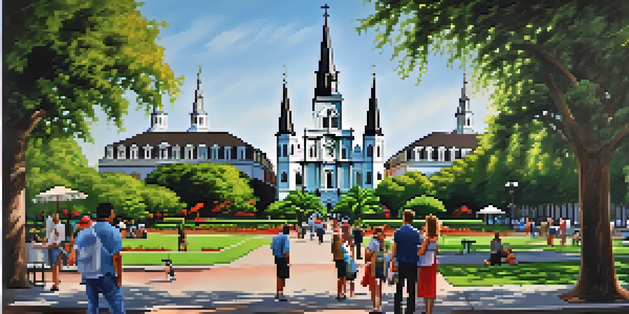 A scenic view of St. Louis Cathedral with visitors and artists in Jackson Square.