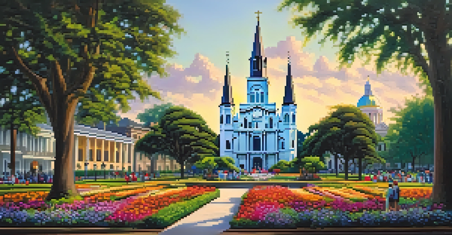St. Louis Cathedral in Jackson Square with trees, flowers, and street performers.