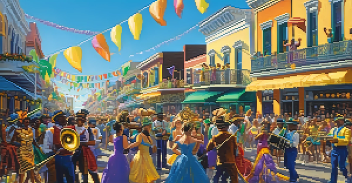 A lively Mardi Gras parade featuring colorful floats and costumed dancers, with a brass band playing music under a clear blue sky.