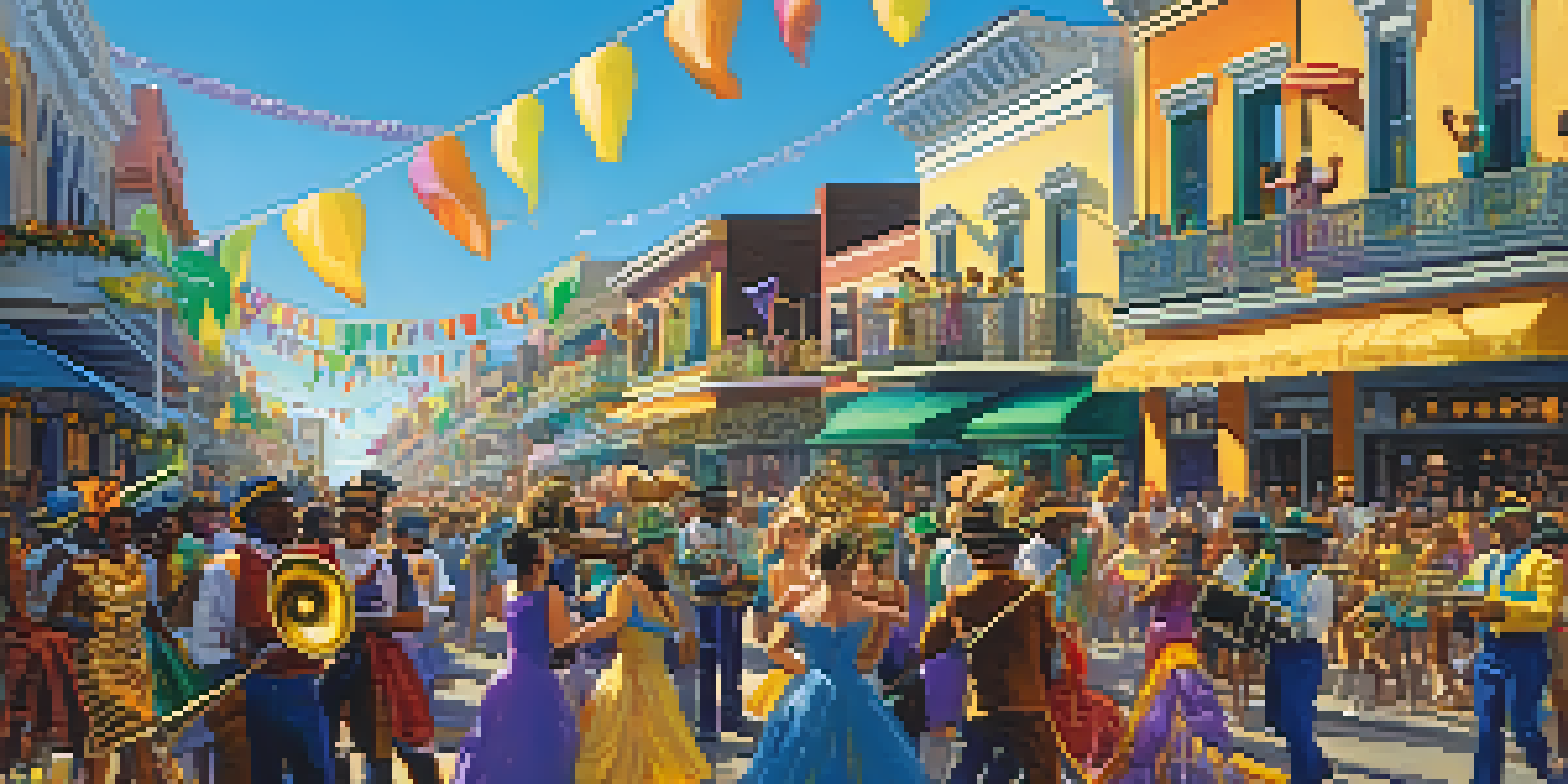 A lively Mardi Gras parade featuring colorful floats and costumed dancers, with a brass band playing music under a clear blue sky.