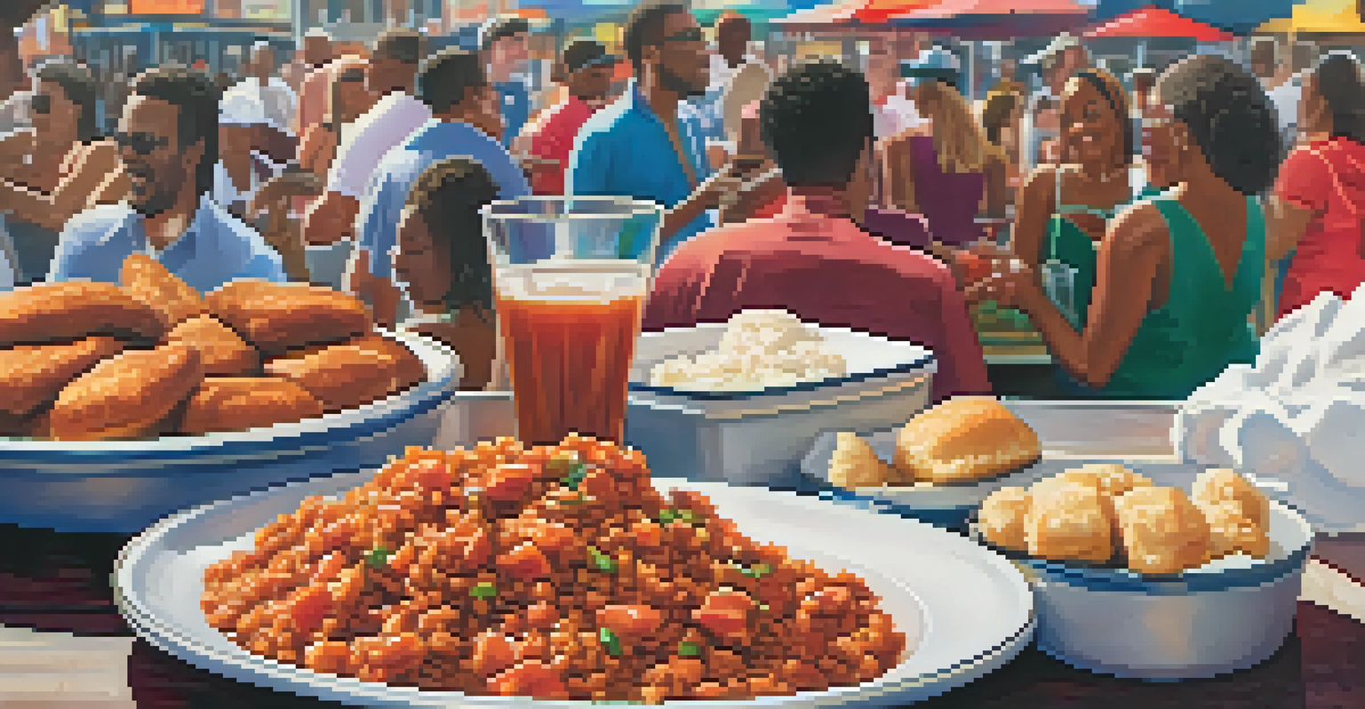 A close-up of traditional New Orleans dishes, including jambalaya and beignets, with a bustling Jazz Fest atmosphere in the background.