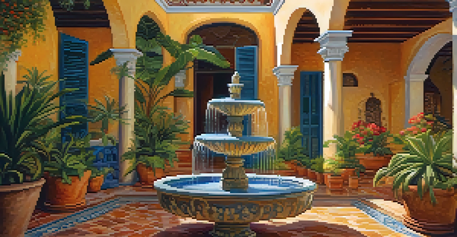 A charming courtyard of a Spanish Colonial Revival house featuring a fountain, colorful tiles, and lush greenery, illuminated by golden hour light.