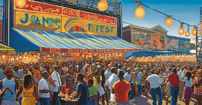 A lively outdoor music festival scene with musicians on stage, colorful lights, and a crowd enjoying the performance and local food.