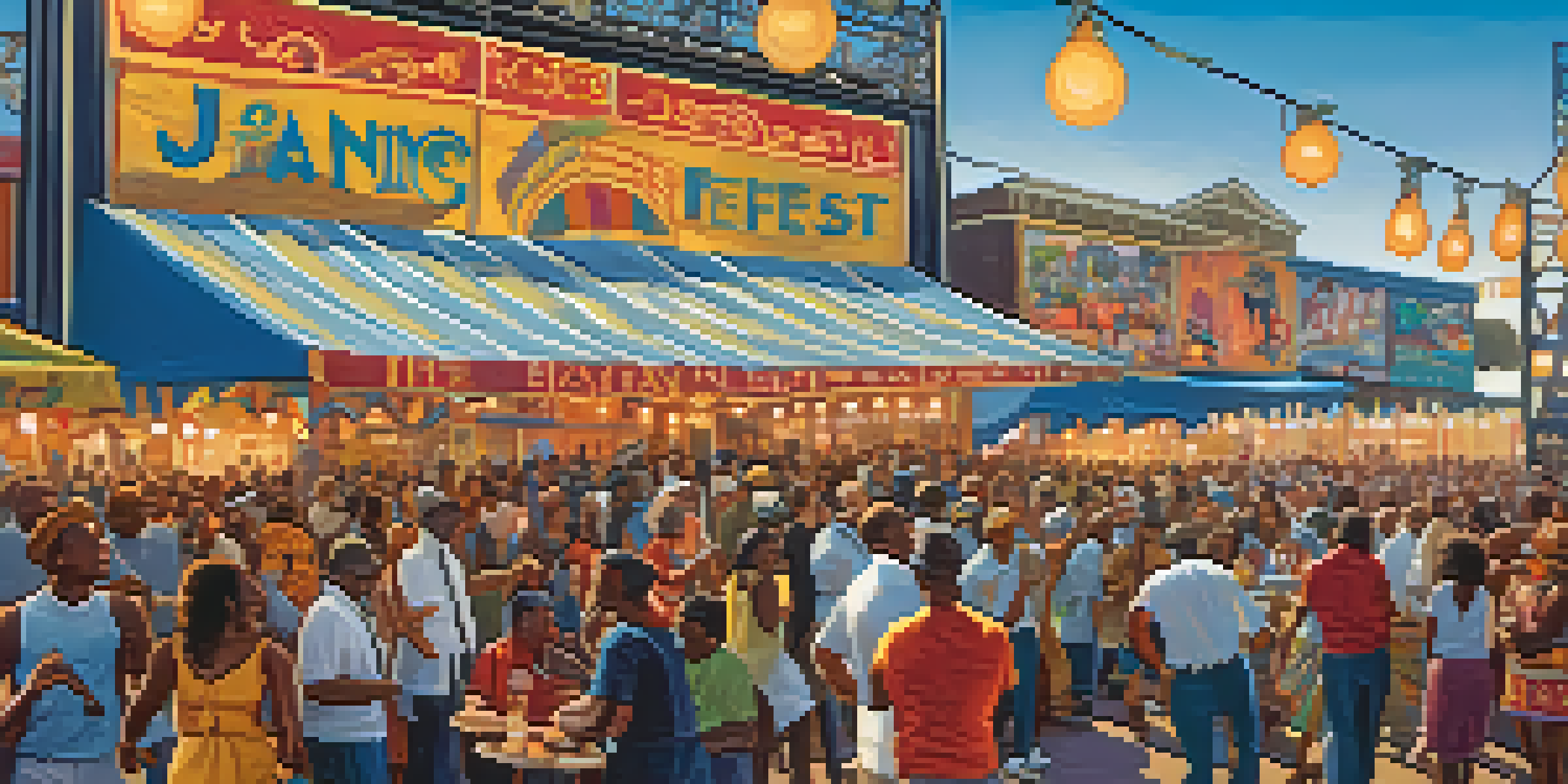 A lively outdoor music festival scene with musicians on stage, colorful lights, and a crowd enjoying the performance and local food.