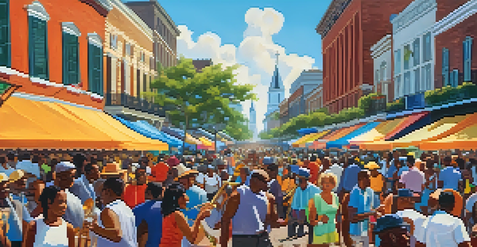 A bustling festival in New Orleans with a crowd enjoying live jazz music, colorful tents, and food stalls, highlighting the spirit of Louis Armstrong.