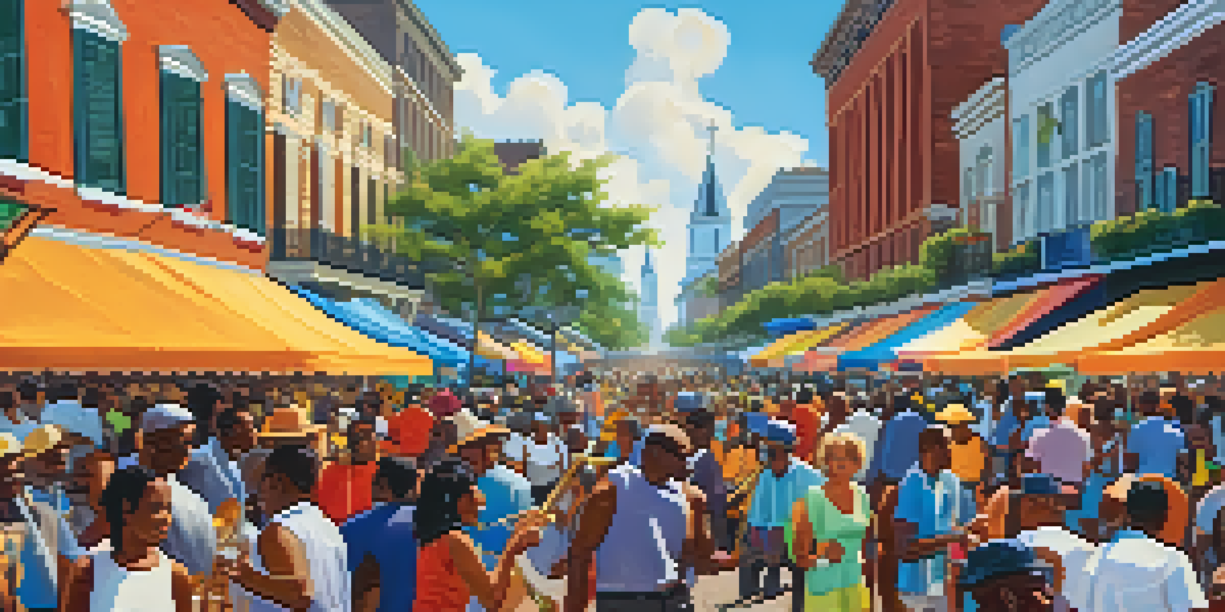 A bustling festival in New Orleans with a crowd enjoying live jazz music, colorful tents, and food stalls, highlighting the spirit of Louis Armstrong.