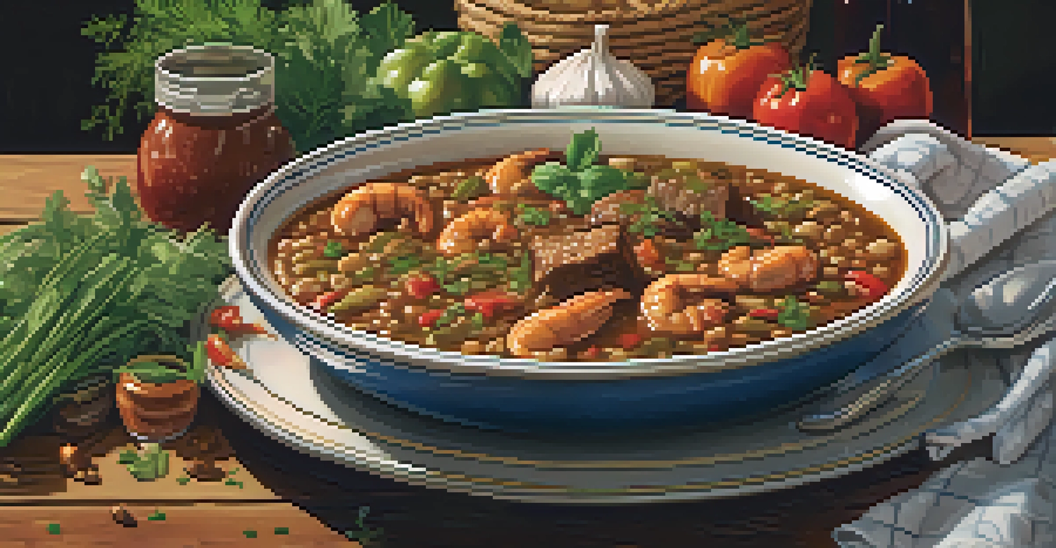 A plate of traditional Creole dishes including gumbo and jambalaya, beautifully arranged with fresh herbs and local produce around it on a rustic table.